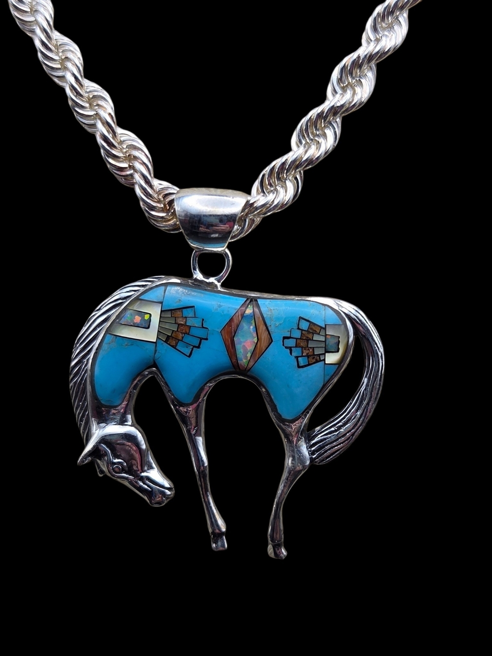 Silver Horse Pendant with Turquoise Inlay